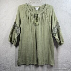 J. Jill Olive Color Embroidered Peasant Boho 3/4 Sleeve Top With Tassels Size M